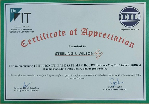 Certificate of achievement for one million safe man-hours