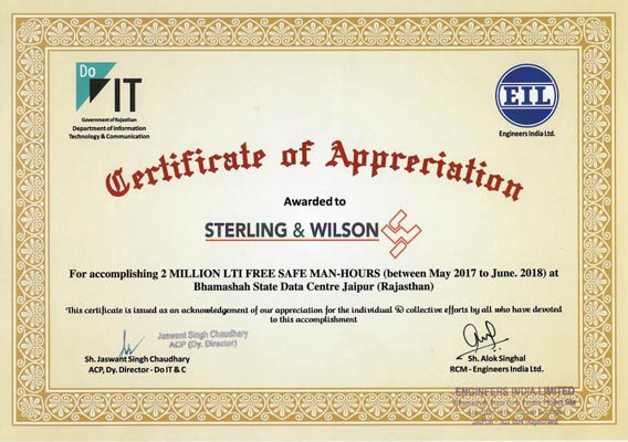 Certificate of appreciation for two million safe man-hours