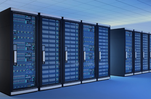 Server racks illuminated in blue and red