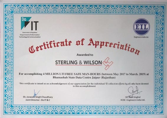 Certificate of appreciation for four million safe man-hours