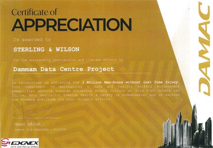Dammam Data Centre certificate of appreciation
